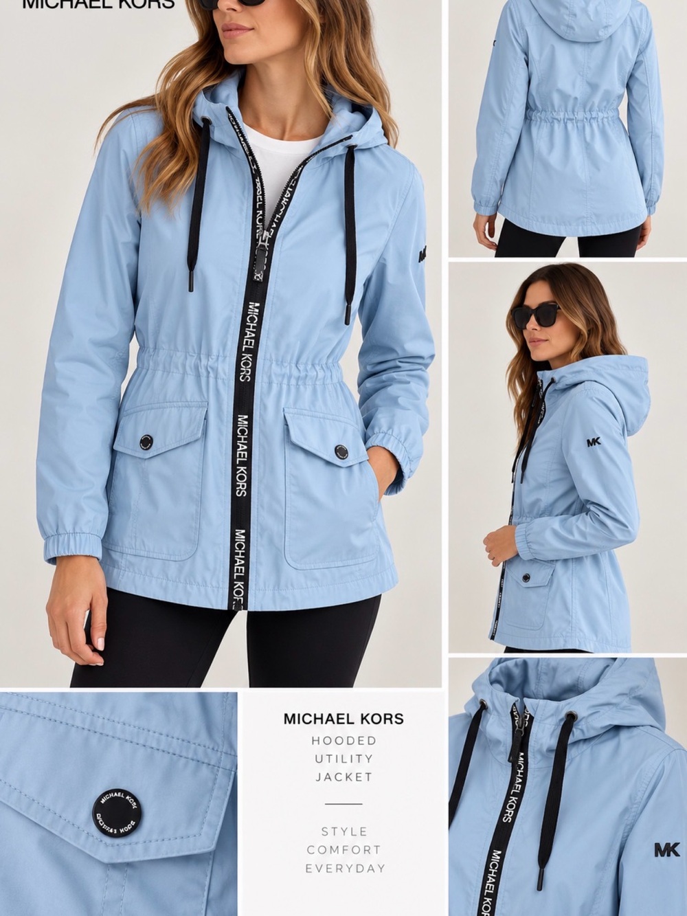 Michael Kors Light Blue Hooded Utility Jacket with Logo Trim